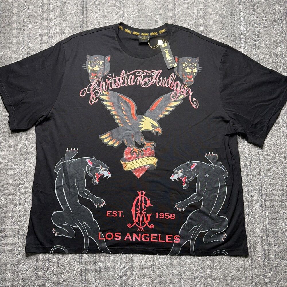 Christian Audigier NWT T Shirt Mens 3XL Panther Eagle Y2K Tattoo Bling Grunge